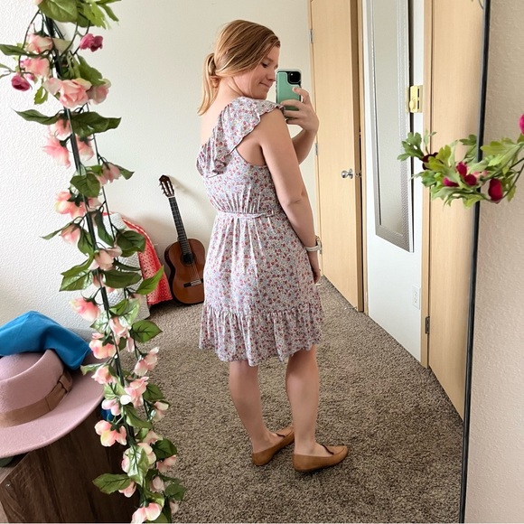 NWT Heatherly Women's One Shoulder Dress Blue Floral Tie Waist Ruffle, Sz Large - Picture 4 of 8